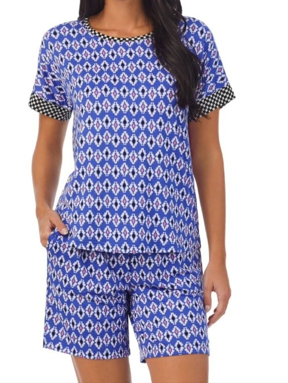 Cuddl Duds Blue Geometric Short Pajama Set with Check Trim